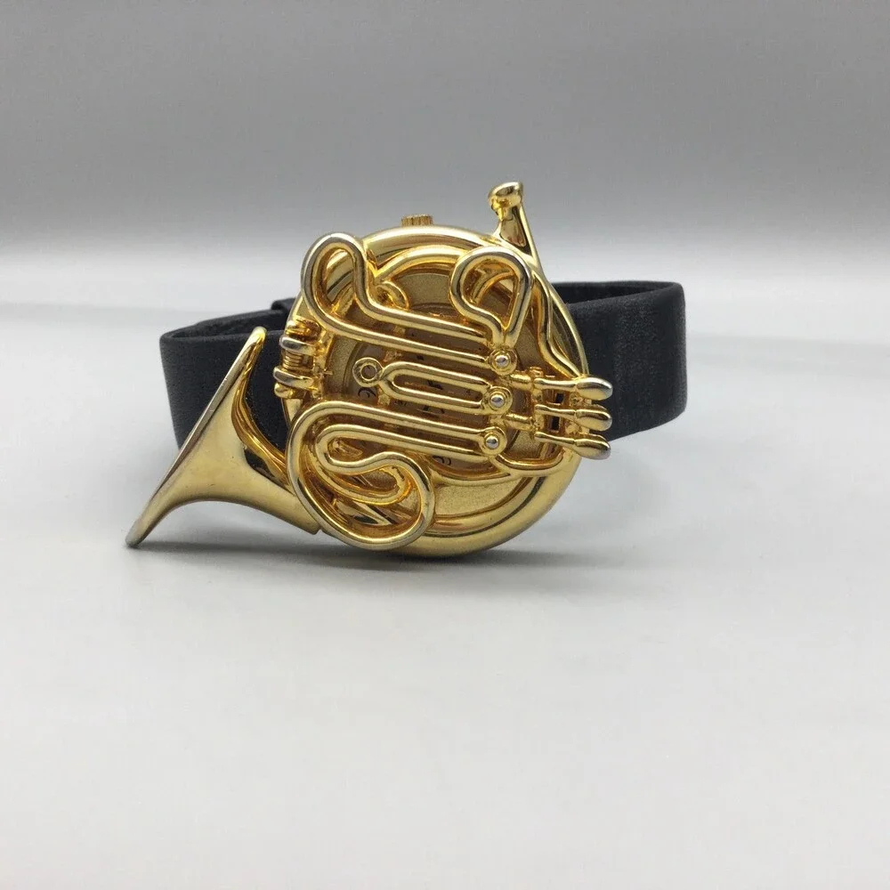 French Horn Hidden Dial Womens Watch 36mm Gold Tone Black Strap New Battery